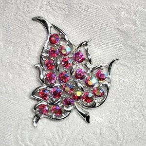 Vtg Sarah Coventry Red AB Rhinestone Leave Brooch